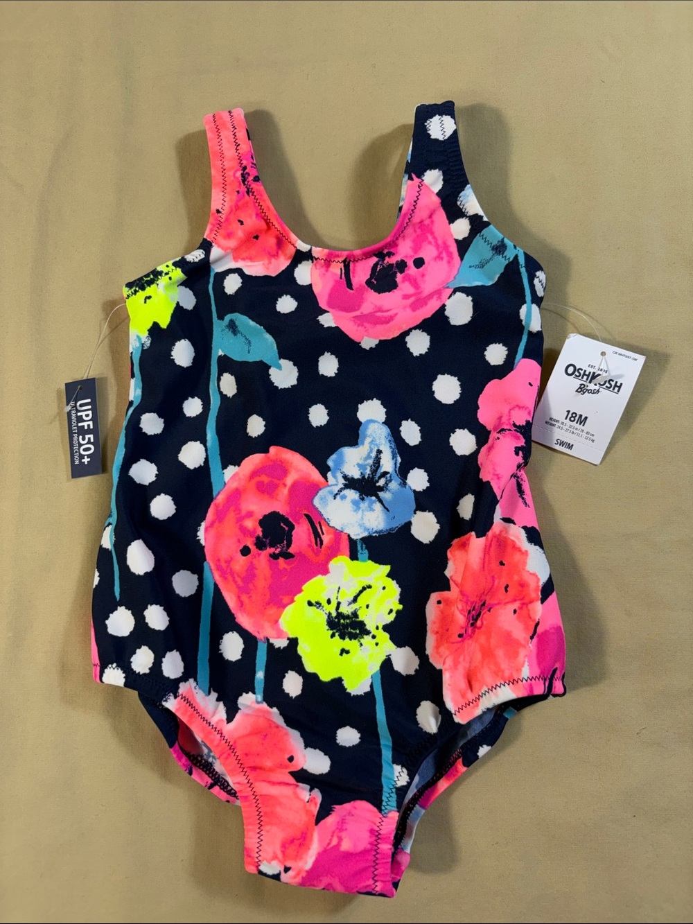 OshKosh B'gosh NWT Navy Blue Polka Dot Neon Floral One Piece Swimsuit Girls 18M